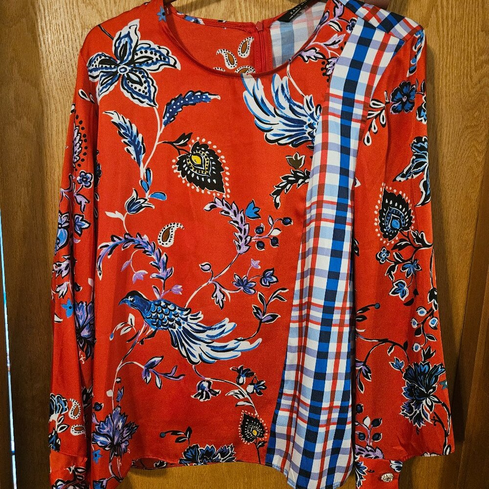 ZARA FL0RAL BIRD PATCHWORK RED BLUE BLOUSE SZ M